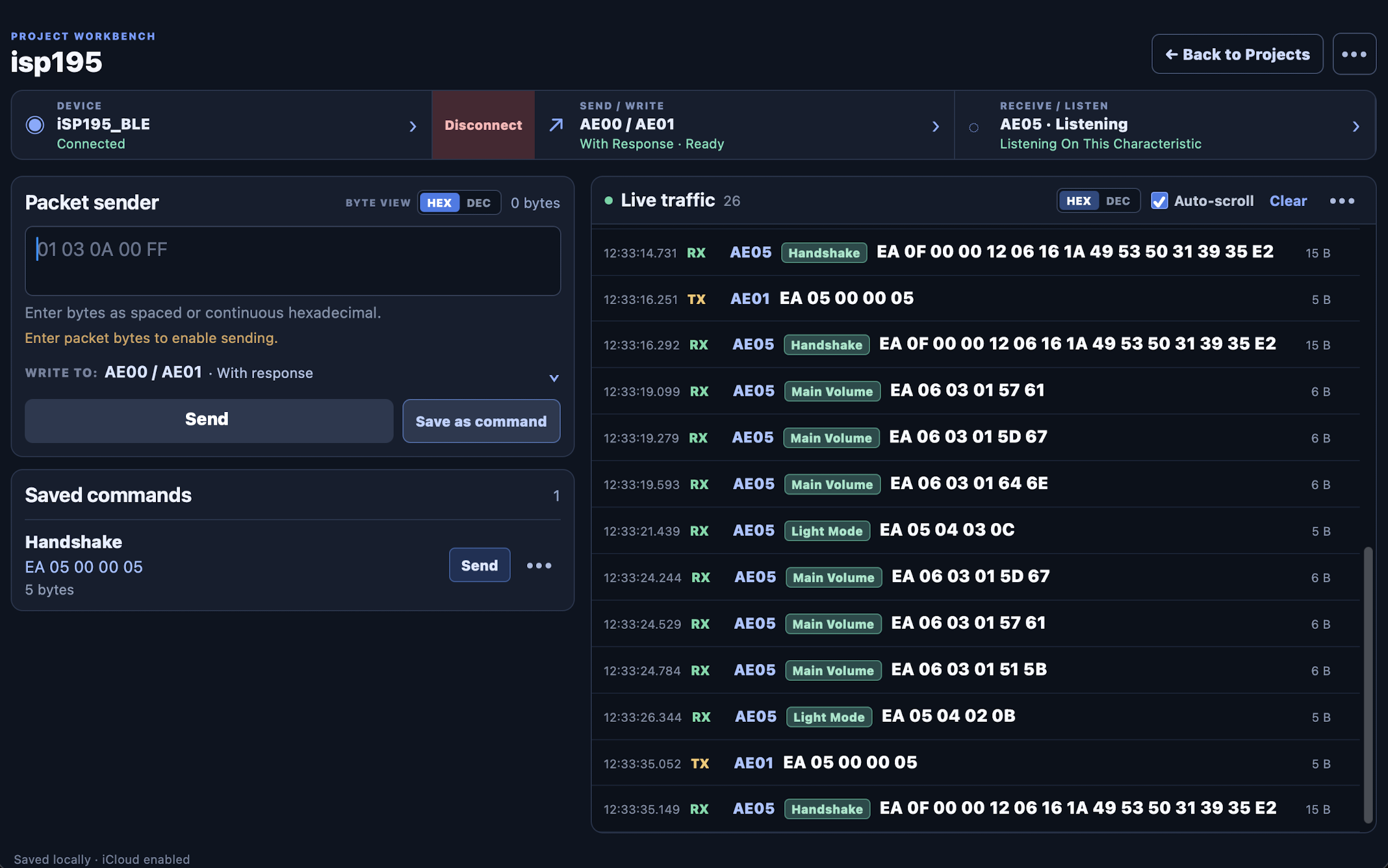 Bluetooth Command List Tester showing packet commands and live hardware responses